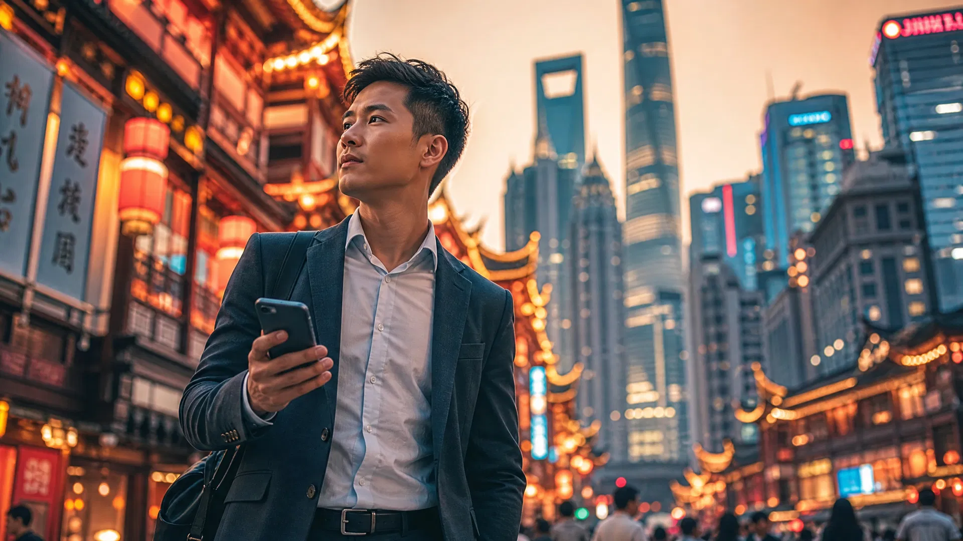 中国の街並みとビジネストラベラー